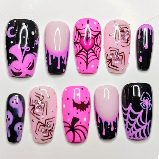 24Pcs Halloween Press on Nails Medium Square Fake Nails with Spiders Rhinestone Design French Tip Glue on Nails Cute Ghost False Nails Full Cover Pink Black Gothic Halloween Acrylic Nails for Women