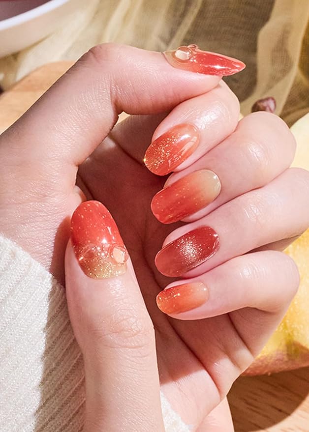 ohora Semi Cured Gel Nail Strips (N Shizuku Apple) - Works with Any Lamps, Salon-Quality, Long Lasting, Easy to Apply & Remove - Includes 2 Prep Pads, Nail File & Wooden Stick