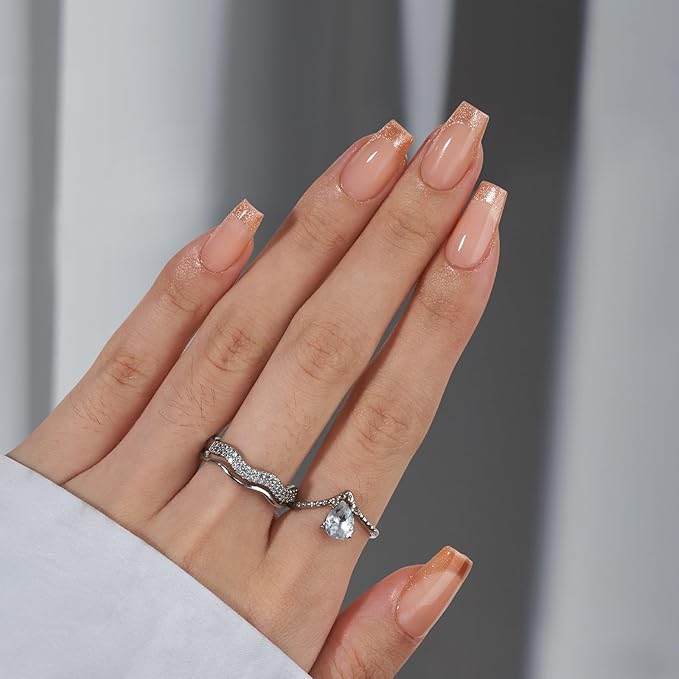 BTArtbox Press on Nails Coffin - Gold Rose French Tips Press On Nails Short for Women, Cat Eye Nail Tips, Glitter Fake Nails with Glue, Glue On Nails in 16 Sizes - 30 Nail Kit, Gold Dust