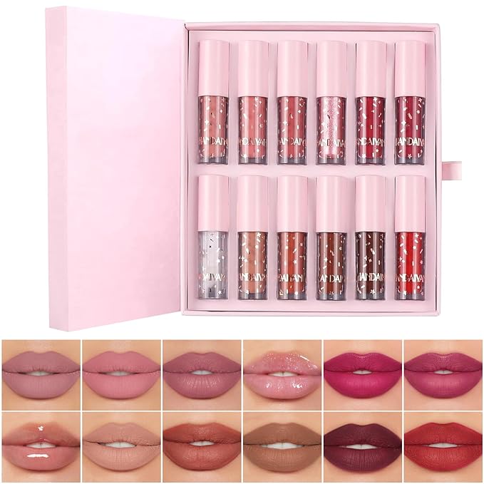 12Pcs Nude Matte Liquid Lipstick Set, Waterproof Long Lasting Non-Stick Cup 12 Colors Nude Lipstick 24 Hour Not Fade Matte Lipstick Professional Lip Gloss Makeup Christmas Day Gift Sets for Women