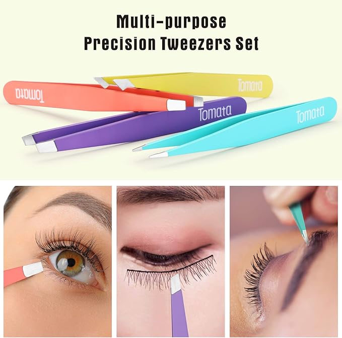 Tweezers for Eyebrows, Slant Tip and Pointed Eyebrow Tweezer Set Great Precision for Eyebrows Facial Hair, Ingrown Hair, Splinter, Blackhead and Tick Remover (4-piece) (Multi-color)