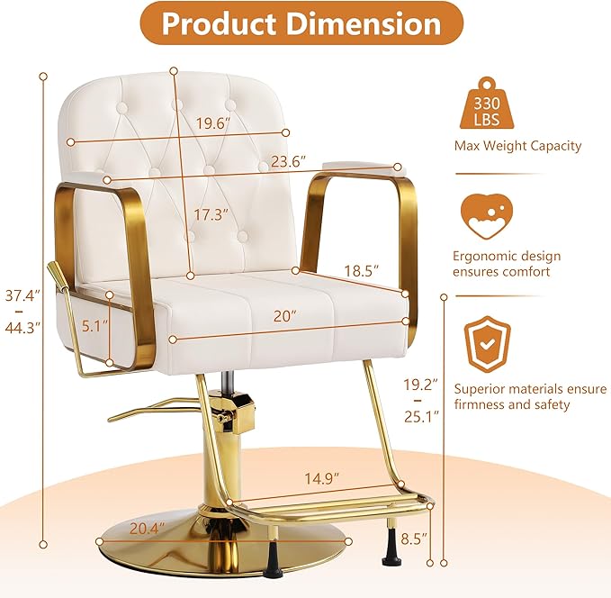 Barber Salon Chair for Hair Sylist, Hydraulic Salon Chairs, Height Adjustable Barber Chairs, Reclining Barber Styling Chairs, 360 Degrees Rotation Shampoo Chair for Barbershop (White)
