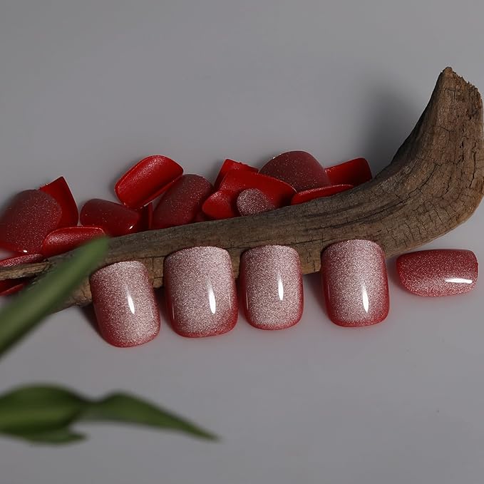 Short Square Press On Nails, Red Cat Eye Press on Nails Fashionable Gel False Nails Reusable Acrylic False Nails Women's Glitter Nails Glue Patch Nails Set, Red Water Gloss White, 24Pcs