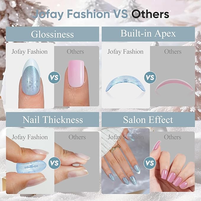 Christmas Press On Nails Almond - Jofay Fashion Blue Aurora Cat Eye Snowflake Press On Nails, Acrylic Fake Nails with Glue, Reusable Soft Gel Glue On Nails for Women 32Pcs in 16 Sizes