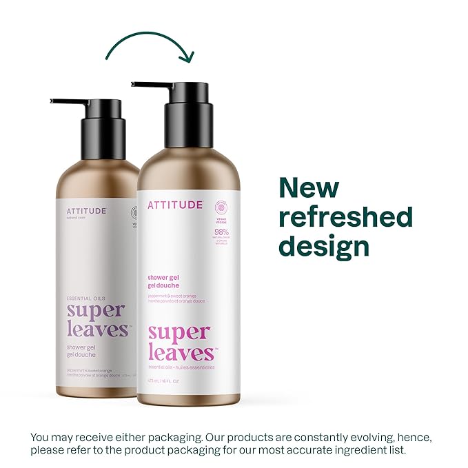 ATTITUDE Body Wash with Essential Oils, EWG Verified Shower Gel, Dermatologically Tested, Plant and Mineral-Based, Vegan Personal Care, Refillable Bottle, Peppermint and Sweet Orange, 16 Fl Oz