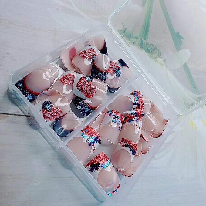 48Pcs Independence Press on Nails Short Square Fake Nails Kit 4th of July with Red White Stripes Star Sequin Glitter Design,Glossy False Nails American Flag Press on Patriotic Stick on Nail for Women