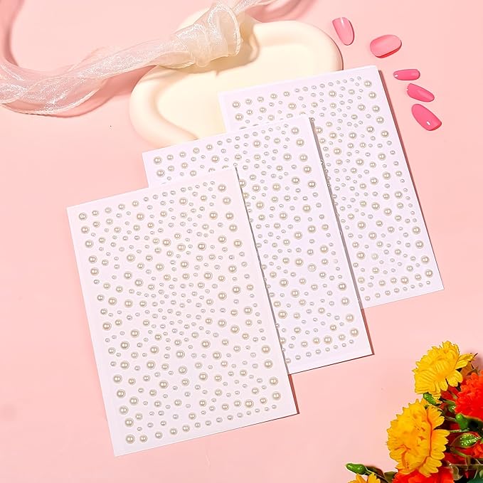 975Pcs Face Gems Hair Gems, Self-Adhesive Face Jewels Eye Jewels Rhinestones 3/4/5/6 mm DIY Face Gems Stick on, Hair Body Rhinestones Gems Crystals Pearls for Face Makeup, Crafts (Pearl_Beige)