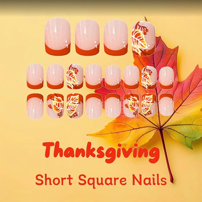 24Pcs Maple Leaf Press on Nails Fall Leaves Stick on Fingernails Glossy Orange French Tips Acrylic Fake Nail Thanksgiving Short Square False Nails Autumn Gel Glue on Nail for Coquette Women Girls