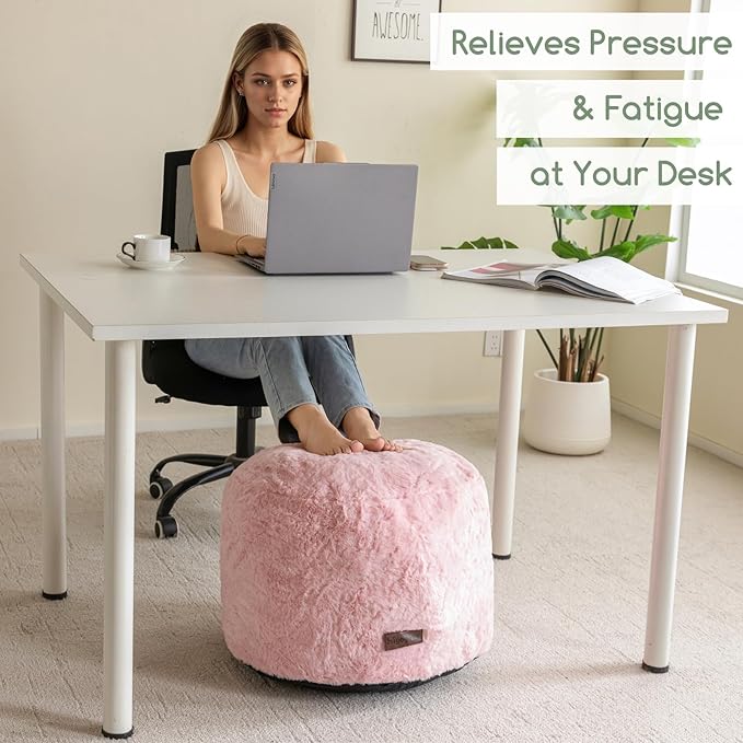 HIGOGOGO Pouf Stuffed Ottoman Round Modern Foam Filled Foot Rest Chair Decorative Poufs 20 x 15 Inches Fluffy Boho Comfy Stool for Living Room, Pink