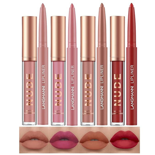 LANGMANNI 4pcs Matte Lipstick with Lipliners Durable Makeup Set,Long-Lasting Non-Stick Cup Not Fade Waterproof Pigmented Velvet Lipgloss Kit Beauty Cosmetics Makeup Gift for Girls(#9+10+11+12)