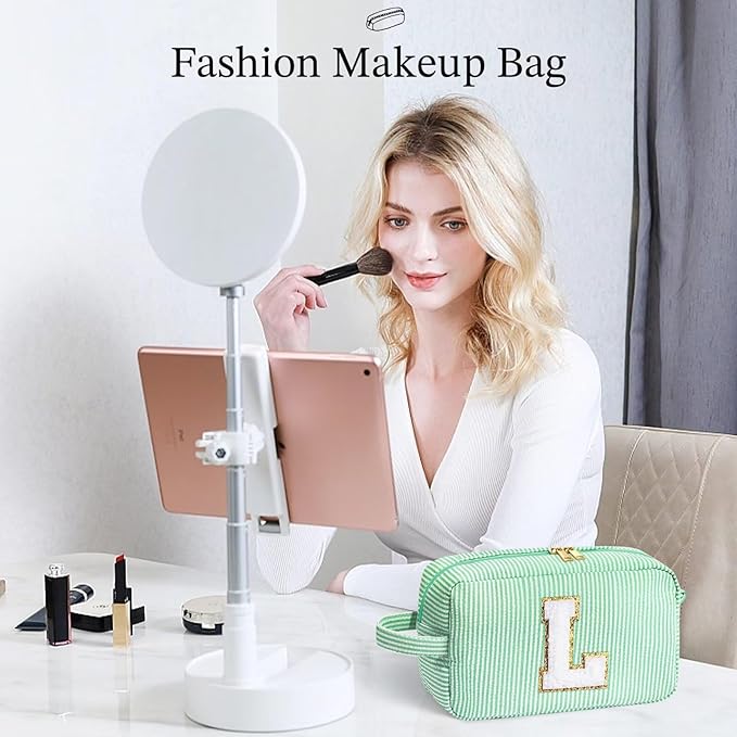 YOOLIFE Travel Makeup Cosmetic Bag - Personalized Monogram Cute Green Initial Makeup Bags Cosmetic Toiletry Bag Pouch Make Up Case for Women Her Mom Friend Sister Teacher, Birthday Gifts for Women V