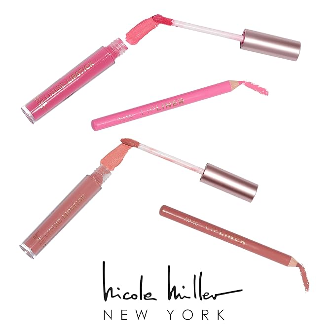 Nicole Miller Rosy Nudes Lip Collection | 6 Piece Set | 3 Luxurious Lip Liners & 3 Liquid Lip Sticks in Light Rose, Rosy Mauve, and Deep Peach