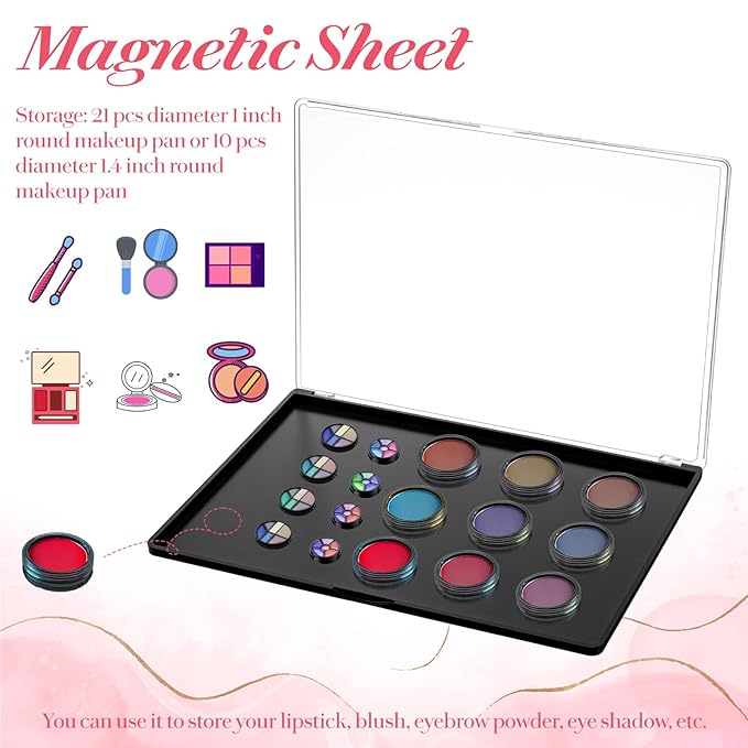 3 Pack Magnetic Makeup Palette with Clear Top, Empty Eyeshadow Pan Dispensing Storage Box with 30Pcs Adhesive Metal Stickers for DIY Cosmetics Lipstick Blush Powder-9.25”X6.57”Palette