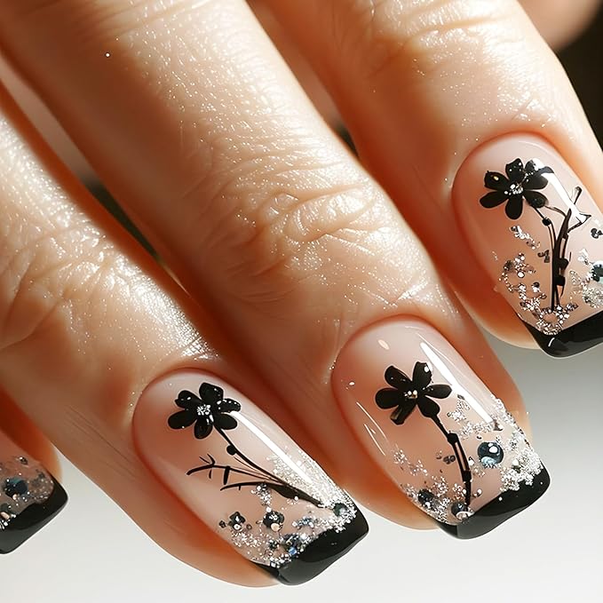 Black French Tips Press on Nails Medium Square Acrylic False Nails 24Pcs Spring Flowers Stick on Nails Glossy Silver Glitter Fake Nails Leaves Gel Glue on Nails for Coquette Women Girls