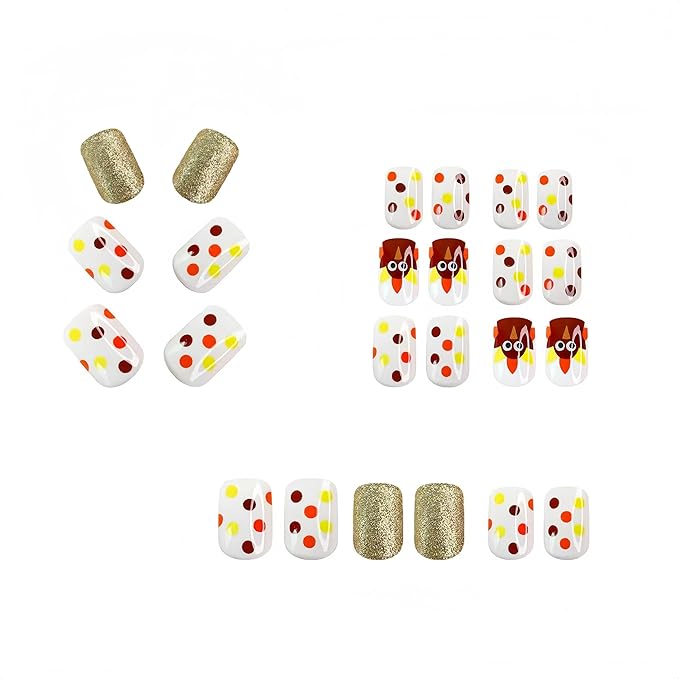 24Pcs Fall Thanksgiving Day Turkey Press on Nails Short Square Fake Nails Gold Glitter Full Cover Artificial Thanksgiving Nails Autumn Polka Dots Design Glue on Nail Glossy Acrylic Nails for Women