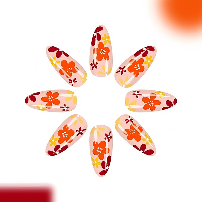 24Pcs Brown Flower Press on Nails Almond Medium Fake Nails Autumn Winter Maillard Color Design Petite Glue on Nails Floral Acrylic Nails Fall Daisy Full Cover Stick on Nail Artificial Nails for Women