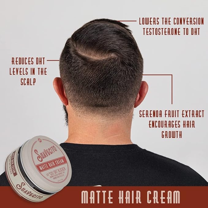 Suavecito Pomade Matte Hair Cream With DHT Blocker For Hair Regrowth - Low Shine Light Hold For Styling Thinning Hair To Look Thick & Full With Volume