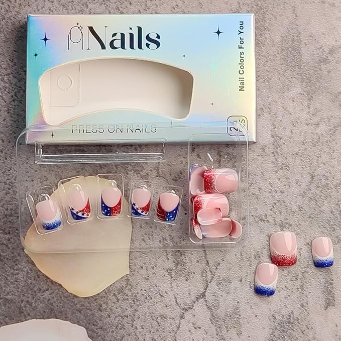 24Pcs Independence Day Nails French Tip Press on Nails Short Square Fake Nails Glitter Nails Tip Acrylic Nails 4th of July False Nails Patriotic Glue on Nails Star Artificial Nail for Holiday Manicure
