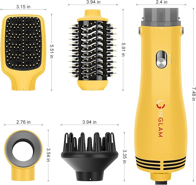IG INGLAM Hair Dryer Brush, 4-in-1 Detachable Blow Dryer Brush, Ionic Diffuser Hair Dryer & Styler Volumizer with Oval Titanium Barrel, One-Step Hot Air Blowout Styler, Yellow