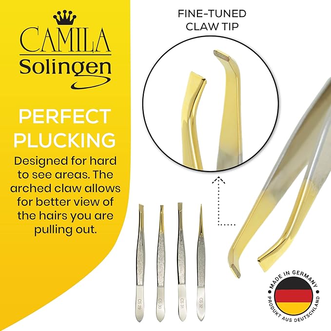 CS30 3.5 Inches Gold Tipped, Surgical Grade, German Stainless Steel Tweezers (Claw) - Flawless Eyebrow and Facial Hair Shaping and Removal for Men/Women
