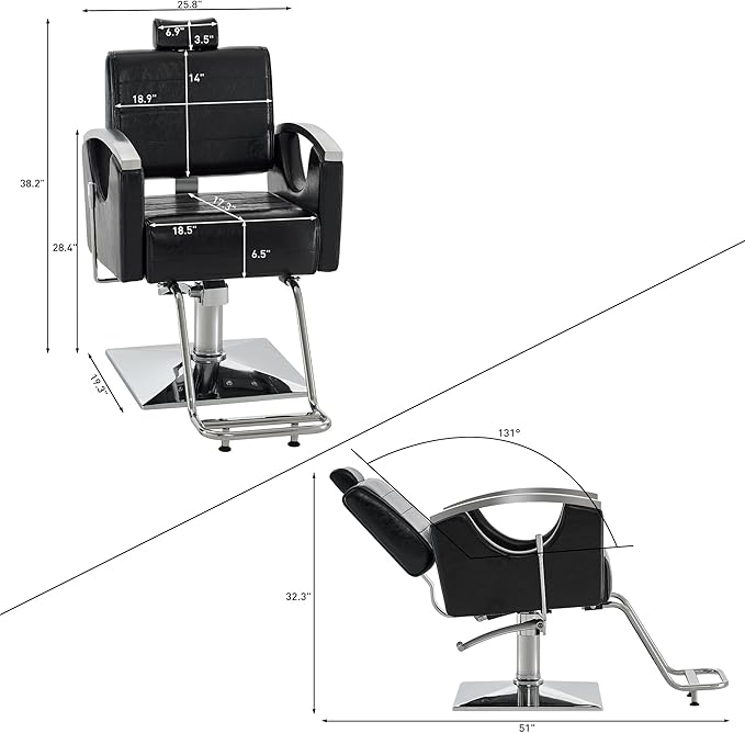 BarberPub Barber Chair for Barbershop,Reclining Salon Chair for Hair Stylist 9180 (Black)