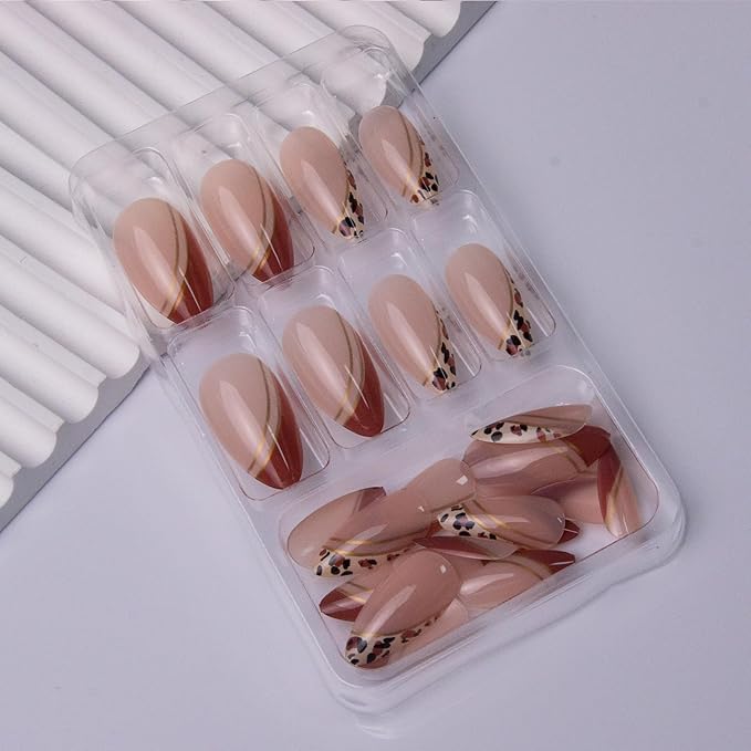 Leopard Press on Nails Almond Fake Nails French Tip False Nails with Gold Line Design Medium Acrylic Nails Glossy Full Cover Glue on Nail for Women Manicure 24Pcs