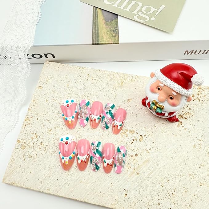 30Pcs Christmas French Tip Press on Nails Medium Almond NEWSPIED Christmas Fake Nails with Designs Cute Gingerbread Men False Nails Winter Xmas Stick on Nails for Women Acrylic Manicure Decoration