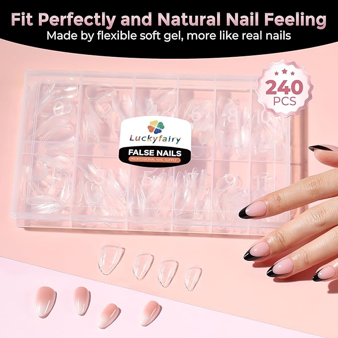 Short Almond Nail Tips, 240pcs Soft Nail Gel Tips Pre-Shaped Acrylic Fake Nails, Half Matte Full Cover Clear Gelly Press on Flase Nail Tips for Extension Nail Manicure Home DIY 12 Sizes Gelly Tips