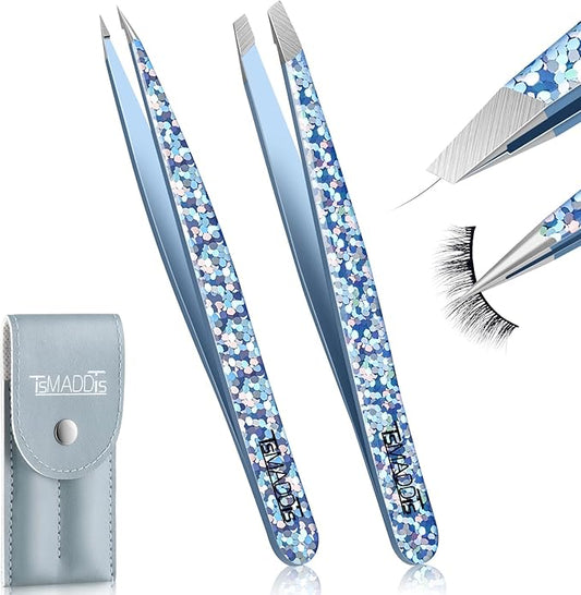 TsMADDTs Eyebrow Hair Removal Tweezer, 2-Pack Slant and Point Tip Tweezers for Women and Men Eyebrows, Facial and Ingrown Hairs, Stainless Steel