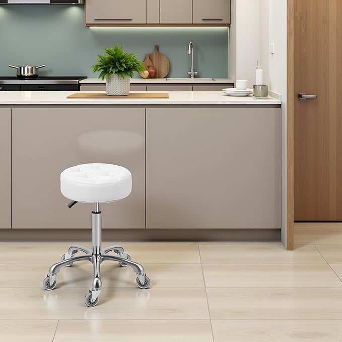 Kaleurrier Adjustable Rolling Stool for Salon: Heavy Duty Swivel Chair with Wheels for Hairdresser Esthetician Dentist - Spa Home Office Kitchen Dental Tattoo Shop Use - Seat Height 22”-30” - White