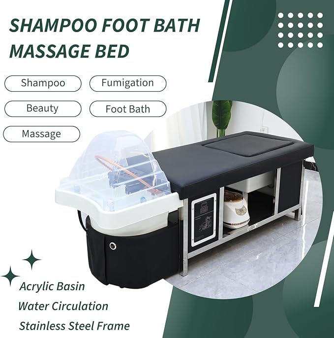 Head Spa Bed with Footbath, Japanese Headspa Equipment with Water Circulation & Fumigation, Light Therapy Massage Table for Barbershop, Salon Station,Foot Bath