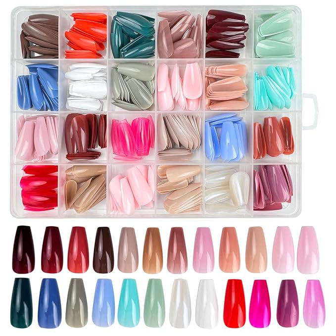 576 Pcs Press on Nails Medium Coffin Fake Nails Solid Color False Nails 24 Color Coffin Acrylic Nails Glue on Nails Reusable Artificial Nails Stick on Nails for Women Manicure