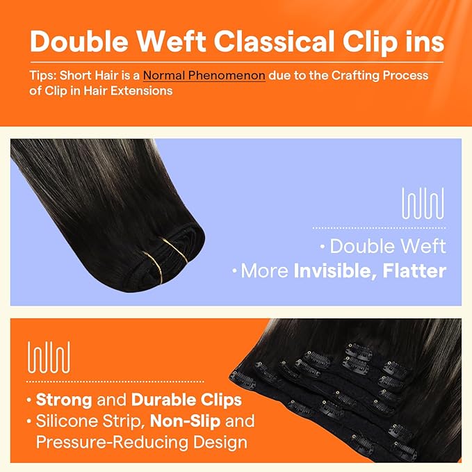 Full Shine Clip in Hair Extensions Black Ombre Grey 24 Inch Remy Hair Extensions Clip ins Balayage Long Straight 7 Pieces 120 Grams