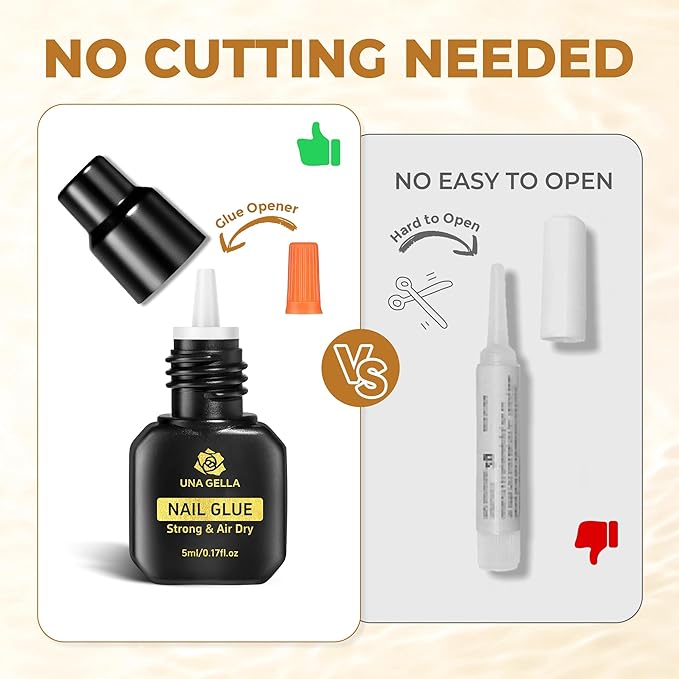 UNA GELLA Quick Drying Super Nail Glue for Press On Nails, Acrylic Nails & Nail Tips No Lamp Need Press On Nails Glue Drip Use with Opener（5ML） Long Lasting for DIY Nail Art