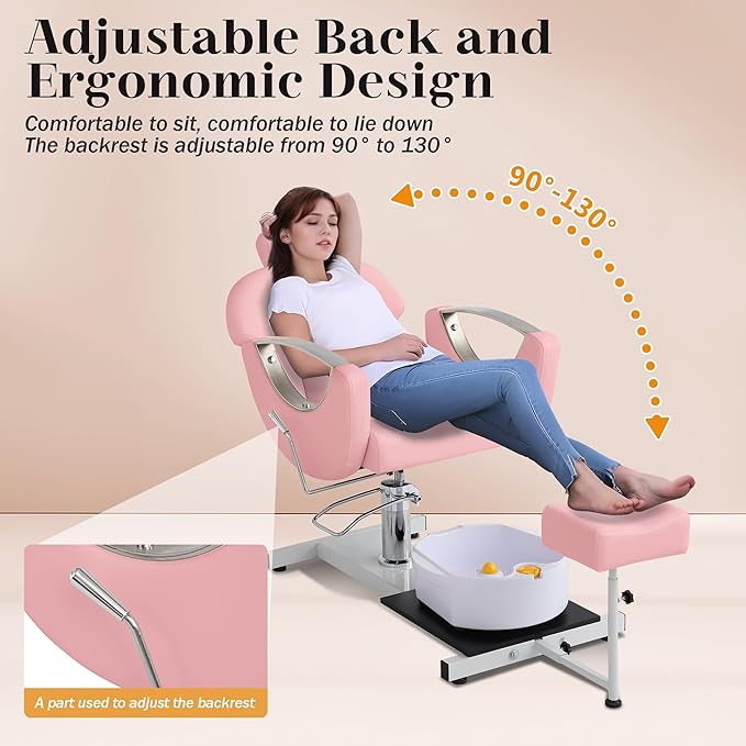 Pedicure Station No Plumbing, Hydraulic Pedicure Chair for Nail Tech, Height Adjustable Reclining Pedicure Station Unit, 360 Degree Swivel Foot Spa Chair with Massage Foot Bath (Rose Color)
