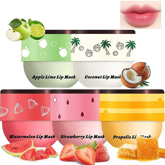 5 PCS Bee Lip Balm Honey Pot, Watermelon & Apple & Strawberry & Honey & Coconut Lip Mask Overnight Propolis Moisturizing Lip Balm Hydrating Prevention Dry and Crack (Set E)
