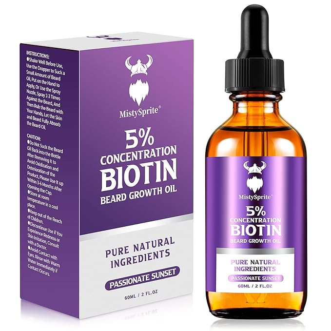 Beard Growth Oil - 5% Concentration Biotin Beard for Men (2 oz) - Natural Mens with Argan Oil, Jojoba Oil and Vitamin, Growth Softener, Moisturizer (Passionate Sunset)