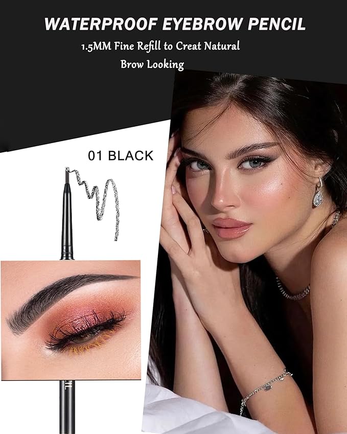 6 Pcs Waterproof Eyebrow Pencil Black Set,Ultra Fine Professional Eyebrow Retractable Pencil Long Lasting Tinted Micro Brow Pen,Defines,Fills for Perfect&Tiny Brows Women Eye Makeup Gel Pencil-01
