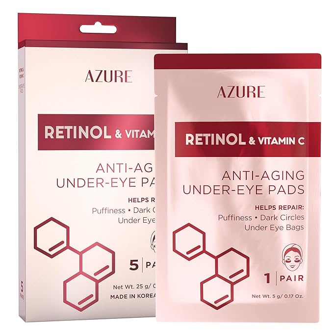 Azure Cosmetics Retinol & Vitamin C Anti Aging Under Eye Pads - Hydrating & Refreshing Eye Mask Patches - Reduces Fine Lines, Wrinkles, Dark Circles & Puffiness - Skin Care Made in Korea - 5 Pairs