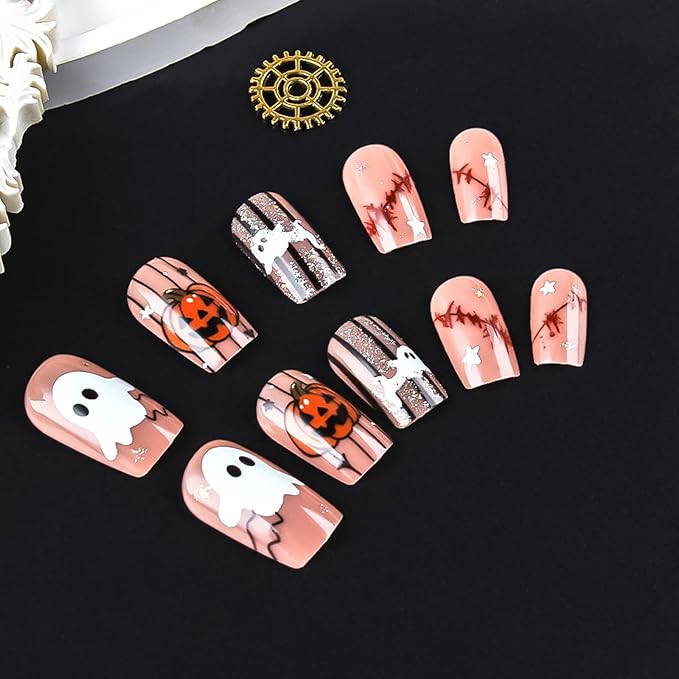 Halloween Press on Nails Medium Square Pumpkin Fake Nails Glitter False Nail with Cute Ghost Designs Glossy Glue on Nails Blood Scar Star Acrylic Nail Holiday Manicure for Women 24Pcs