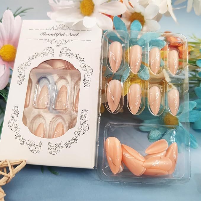 Leaf Press on Nails 24Pcs Gold Leaves Press ons Fingernails Glossy Nude Medium Almond False Nail Simple Gel Glue on Acrylic Fake Nails Curve Line Stick on Nail for Holiday Manicure Art