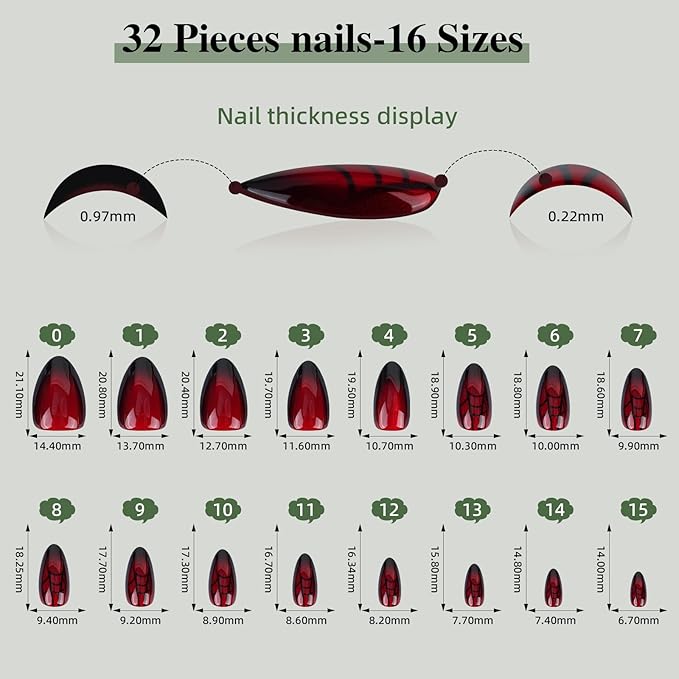 Red Press on Nails, Short Press on Nails Almond Reusable Glossy Cat Eye Nails Soft Gel False Nails Web Press ons for Women, 16 Sizes 32 Count Nails Kit with Glue (SV-10)