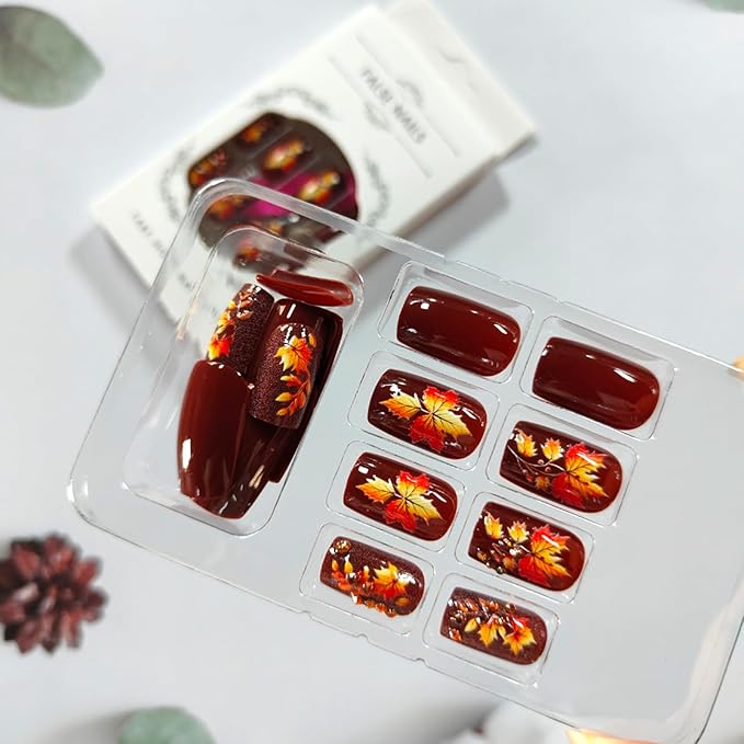 Fall Press on Nails 3D Maple Leaf Fake Nails with Rhinestones Design Brown Glossy Glue on Nail Medium Square Acrylic False Nail Stick on Fingernails Thanksgiving Artificial Nails for Women