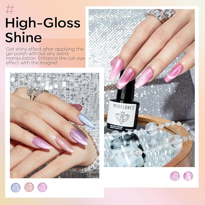 modelones Holographic Glitter Cat Eye Gel Nail Polish Kit 6 Colors with Magnet Romantic Rainbow Galaxy Series Pastel Gel Polish Soak Off Led Gel Nail Polish Set Nail Art Gel Manicure Salon DIY Gifts