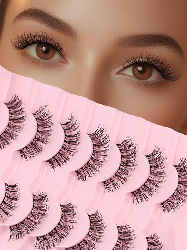 Natural Eyelashes Cat Eye Lashes 14MM Strip Lashes 3D Volume Fake Eyelashes C Curl Eye Lash Strips with Memory Band 7 Pair Siligli