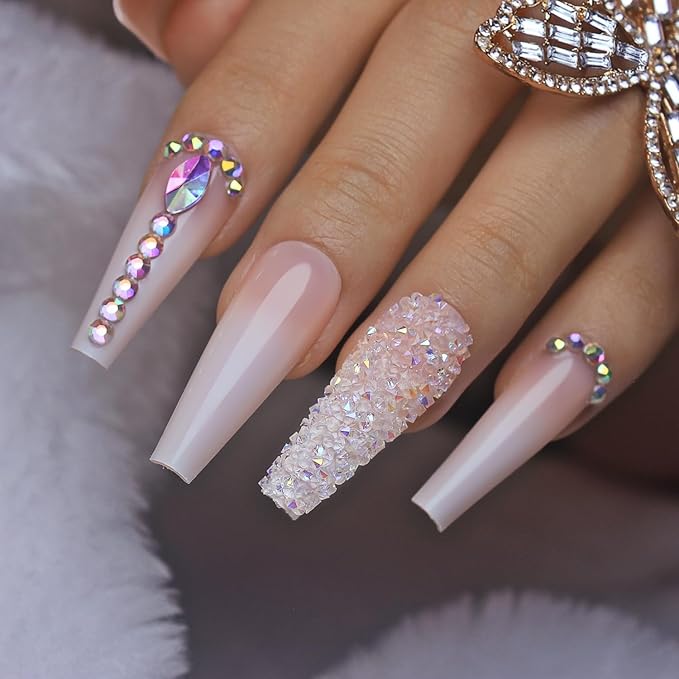 Yivaiks 24 pcs Pink Coffin Press on Nails Long Nails for Women, Glossy Crystal Rhinestone Fake Nails with Nail Glue on Nails,Full Coverage Acrylic Nails（helmsman）