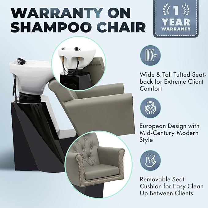 Buy-Rite Chelsea Backwash Unit – Tilting White Porcelain Shampoo Bowl, Gray Tufted Vinyl Chair, Brass Nailhead Trim, Removable Seat Cushion, European Faucet