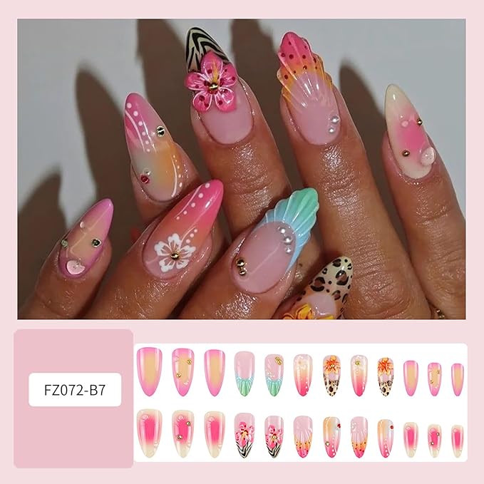 3D Acrylic False Nail French Tip Press on Nails Short Almond Flower Pearl Pattern Design Colorful Smudge Artificial Fingernails Press Ons Artificial Stick on Nails for Women 24Pcs