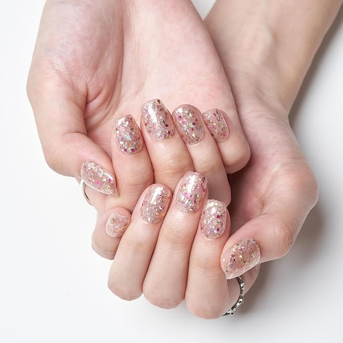 GLAMERMAID Press on Nails Extra Short Square, Spring Handmade Glitter Dazzling Light Gel Glue on Nails, Glossy Fake Nails Reusable Acrylic False Nails Manicure Kits for Women