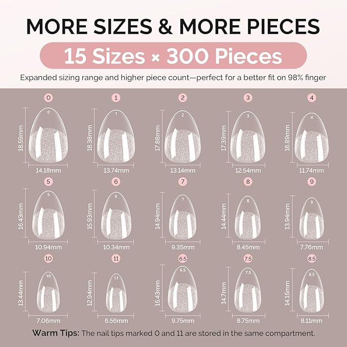 MelodySusie Extra Short Almond X Nail Tips - 300Pcs Clear Acrylic,Half Matte Full Cover Press on Nails for DIY Extension & Salon Use,15 Sizes Pre-Shaped for Long-Lasting Manicure